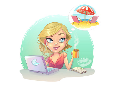 planning a vacation at a hotel in a resort beach cartoon cheerful funny hotel icon illustration illustrator laptop relax resort rest summer sun tan tour tourist vacation vector woman