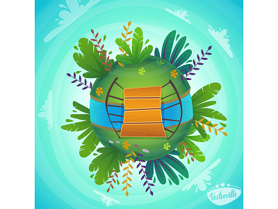 planet bridge cartoon circle clouds concept earth eco ecology enviroment fisheye green illustration landscape nature panorama peace planet round sky trees vector