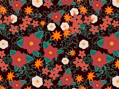 Floral pattern on dark red background abstract florals beautiful bloom blooming botanical bouquet bright flowers colorful composition floral fun illustrator line art nature pattern pretty red seamless summer vector