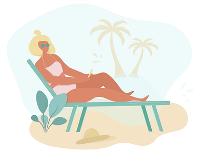 Girl lies on beach beach body female fitness flowers glasses illustration palm trees sea sport sunglasses vector illustration