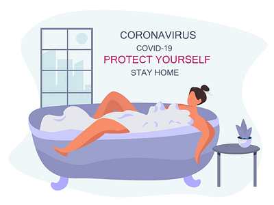 Girl Stay Home Quarantine bathroom coronavirus flat illustration protect yourself stayhome vector illustration webdesign