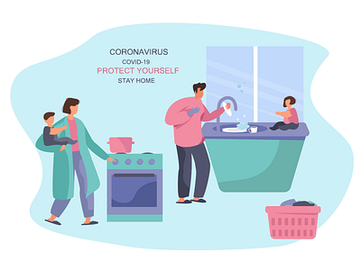 Couple Cook on Kitchen Stove and Washing the Dishes design dishes flat illustration kitchen vector illustration washing