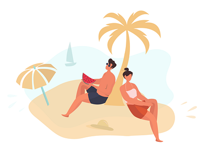 Couple Relax on the Beach Under a Palm Tree beach design flat illustration palm summer vector illustration