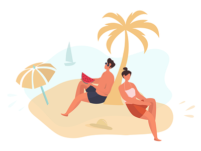 Couple Relax on the Beach Under a Palm Tree