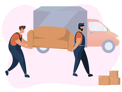 Moving home service art design carrying sofa illustration moving home moving service moving truck new house paper boxes two worker vector illustration webdesign