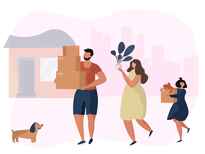 Happy family moving house dog family flat flowers happy family illustration moving house moving truck new home paper boxes vector illustration webdesign