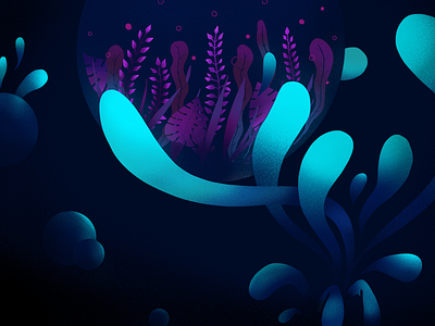 Marine abstraction blue bubbles deep glow illustration light quiet sea seaweeds silence