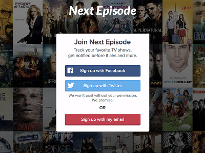 Sign Up page - Next Episode facebook next episode social login tv shows twitter