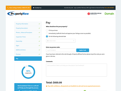 PropertyNow Add Property Pay Screen