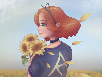 Ginger girl with sunflowers aesthetic digital digital art ginger girl character illustration sunflowers