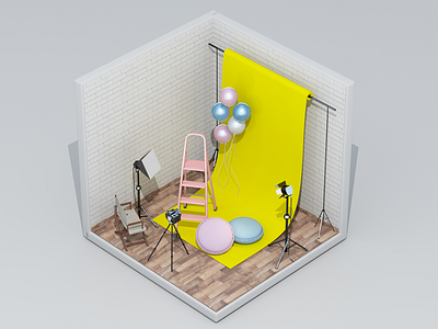 3d Studio 3d 3d art 3d design 3d room 3dshot backdrop balloons colorful design fun illustraion macarons props studio yellow