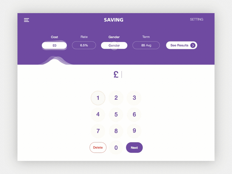 Savings Calculator Interaction app banking money calculator ipad purple savings ui ux