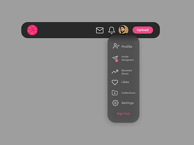 Daily UI 027 clean daily 100 challenge daily ui daily ui 027 daily ui 27 dailyuichallenge dark mode dribbble dribbble redesign dribbble ui dropdown dropdown menu dropdown ui figma figmadesign frosted glass minimal night mode simple sleek