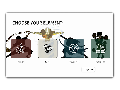 Daily UI 064 aang air avatar clean daily ui daily ui 064 daily ui 64 dailyuichallenge earth figma fire minimal nickelodeon select user type select user type ui the last airbender ui ux water zuko