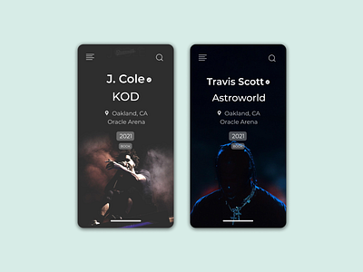 Daily UI 070 2021 artists concert concert design daily ui daily ui 070 dailyuichallenge event booking event listing event listing design events figma hip hop j cole music rap travis scott ui ux