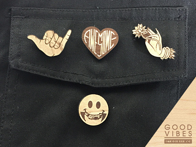 Good Vibes Pin Collection awesome hatpins icon identity lapel pin laplepins laser cut logo lotus smile type wood