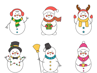 Cute snowmen in cartoon style. cartoon christmas design illustration kids set snowman vector winter