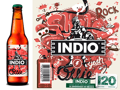 Arte etiqueta cerveza Indio metzican mexico skate skull