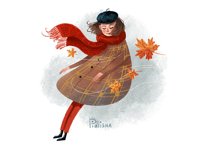 Autumn wind autumn character digital illustration dreamy fall girl illustraion leaves mood wind