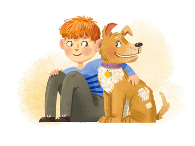 Friends boy character digital illustration dog friends friendship hugs illustration