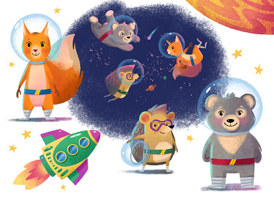 Character design bear character characterdesign hedgehog illustraion planet rocket space squirrel stars