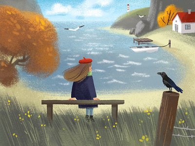 Peaceful day autumn character digital illustration fall girl illustration lake landscape