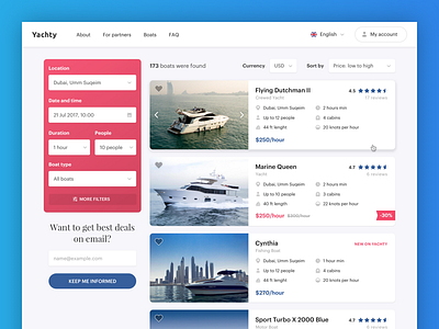 Yachty - Search Results Page catalog page rental results search ui user experience user interface ux website yacht