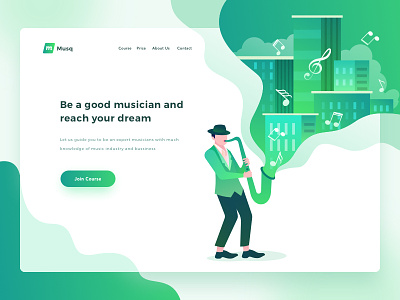 🎸 Musq Music Course Header Exploration 🎹 clean concert dashboard green guitar illustration landing page music musicians popular saxophone