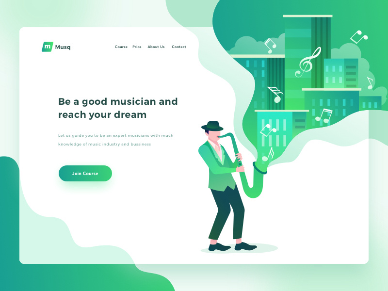 🎸 Musq Music Course Header Exploration 🎹 saxophone guitar musicians illustration popular clean dashboard landing page green concert music