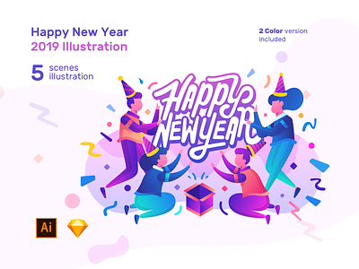 New Year 2019 Ilustration Pack banner ad banner promotion end seasons end year for sale happy new year header illustration illustration art new year 2019 new year eve product for sale purplish ui8