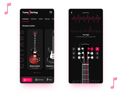TuneString app appui appuidesign dark mode dark theme dark ui design guitar guitartuner instruments minimal mobile app design mobile ui music simple tuner tuner app ui