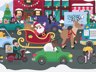 🎶 Santa Claus is (eventually) coming to tooooowwwwwnnnnn 🎶 christmas illustration reindeer santa traffic jam