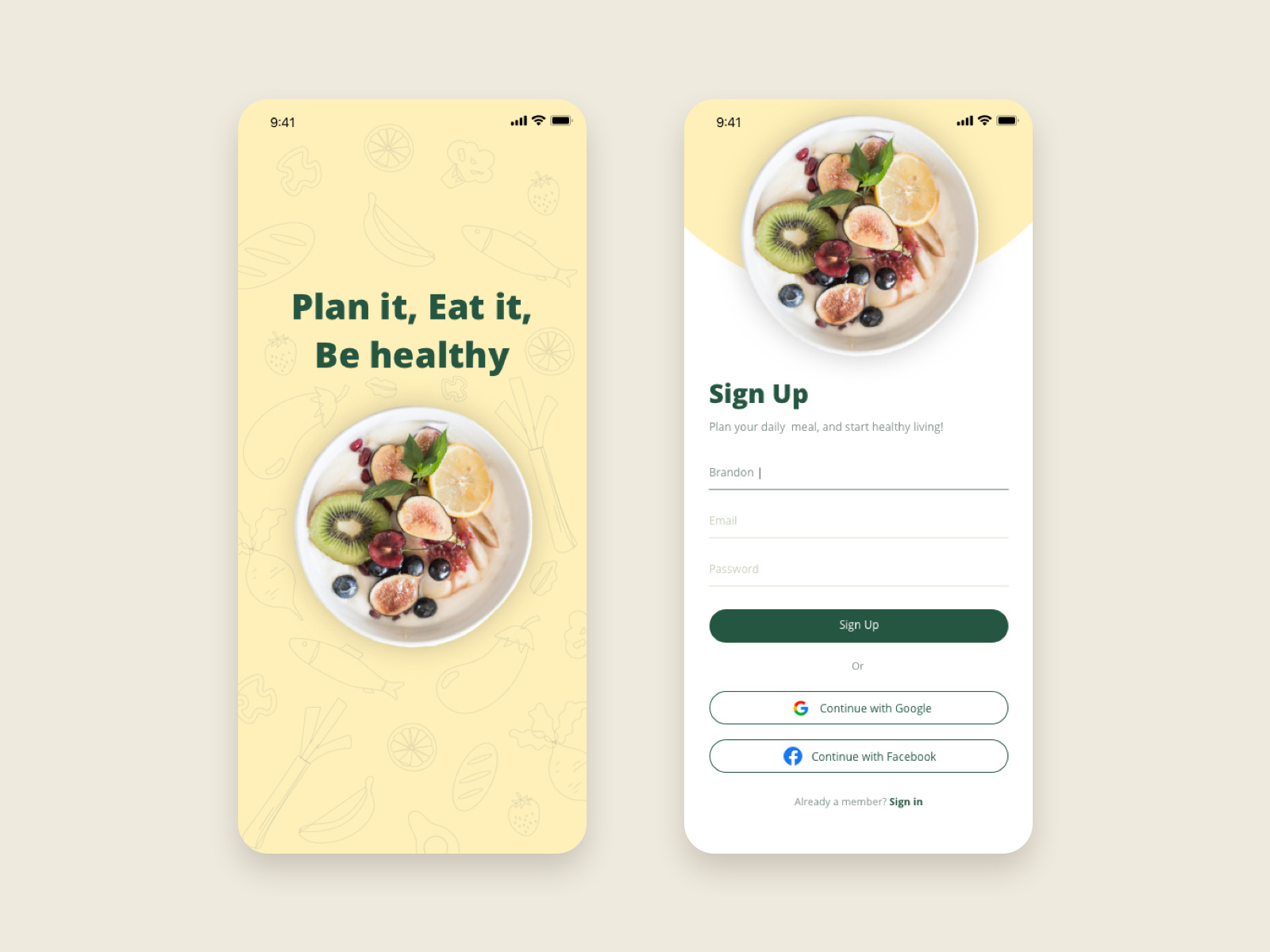 Healthy Meal Planner Apps Sign Up by Kerin Dela on Dribbble