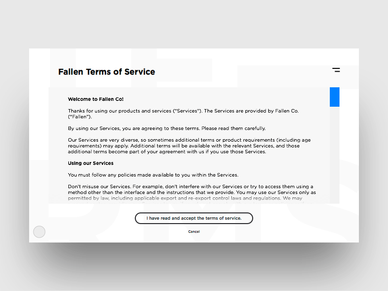 Terms of service UI. Terms and conditions UI. Agree terms of service UI. Terms of service.