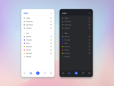 Norby - Lists page. Light and dark mode. app app design dark app dark mode dark theme dark ui design to do to do app to do list ui uiux