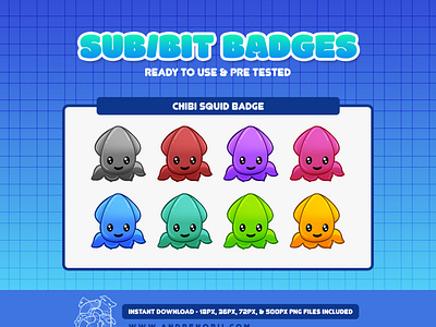 Twitch Sub Badges - Chibi Squid art cartoon character characterdesign chibi cute doodle drawing illustration procreate