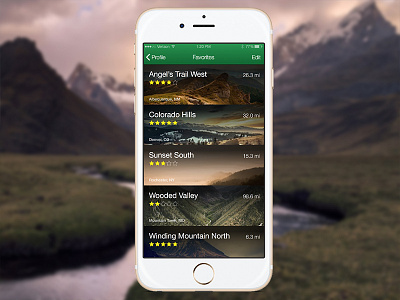 Day 044 - Favorites dailyui design favorites green hiking iphone list mobile mountains outdoors trails ui