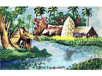 Village riverside scenery landscape acrylic painting art paint painting