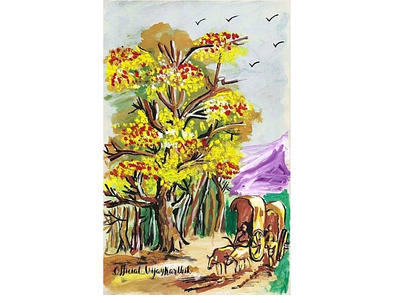 Art - Farmer riding Bullock Cart down the hillside acrylic painting art coastal drawing paint painting south india village scene