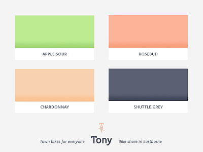 Color palette for Tony, bike share in Eastborne app apple bike rental bike share brand bright city bike cold grey geolocation green peach vocal recognition