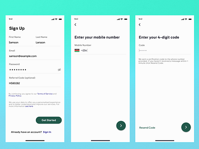 Account Sign up with OTP and Referral Code account android design ecommerce design form ios minimal registeration sign up ui