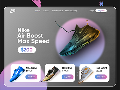 Glassmorphism landing page3x app design clean ui fashion glassmorphism landing page product shoe landing page store ui design