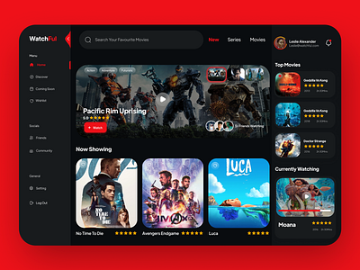 Watchful Movie Dashboard cinema clean ui dark dashboard design ecommerce film interface movie streaming tv ui ui design uiux uxdesign webapp
