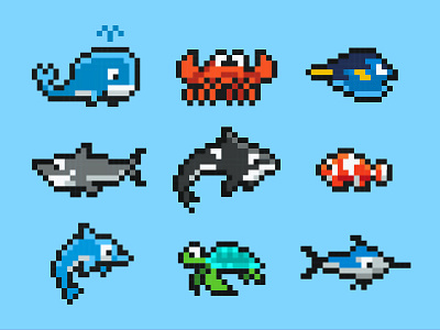 Sea Animals illustration minimal pixel art stickaz