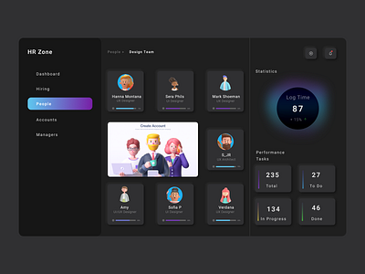 HR Management 3d animation analytics dashboard dark theme dark ui dashboard ui design illustration minimal typography ui ux