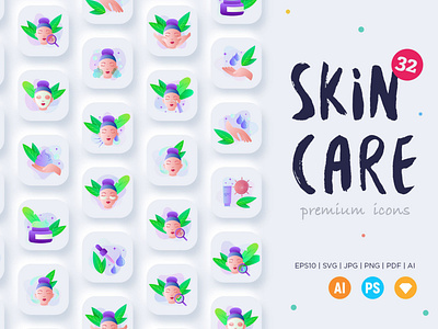 Skin Care | 32 Icons Set Hand Drawn cleansing cleansing foam cream dropper facial hand icon icon design icon set icons icons design icons set mask moisturizer sheet sign skin care toner toning under eye patches