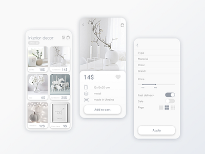 interior decor app app design dailyui ecommerce ecommerce app ecommerce design minimal neomorphism shop shopping app shopping cart uidesign uiux white white theme