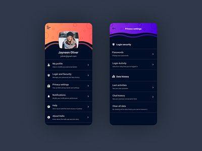 Profile settings app application clean dailyui dark dark app dark mode dark theme dark ui design login mobile privacy profile security settings settings ui ui user experience ux