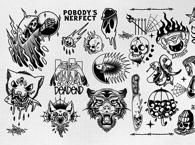 tattoo flash pobody's nerfect flash flat icon illustration procreate skull tattoo tattoo design tshirt tshirtdesign typography