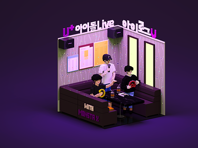 MONSTA X with U+ Idol Live voxel art illustration isometric illustration k pop lowpoly monstax orthographic